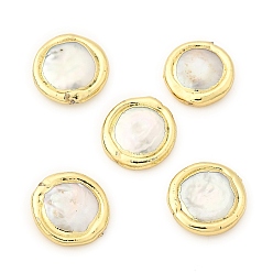 Белый Натуральный жемчуг в стиле барокко, культивированный пресноводный жемчуг, край позолоченный, плоско-круглые, белые, 14~16 мм, отверстие : 0.5 мм