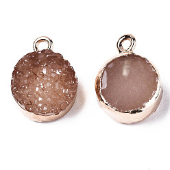 Peru Electroplate Druzy Resin Pendants, with Iron Findings, Flat Round, Light Gold, Peru, 17~18.5x13x6mm, Hole: 2mm
