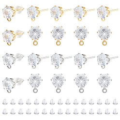 Real Gold Plated & Real Platinum Plated Brass Stud Earring Findings & Plastic Ear Nuts, with 316 Surgical Stainless Steel Pin, Cubic Zirconia and Loop, Flat Round, Real Gold Plated & Real Platinum Plated, Stud Earring Findings: 15.5x8x5.5mm, hole: 1mm, Pin: 0.7mm, 16apairs; Ear Nuts: about 4x4mm, hole: 1mm, 40pcs