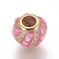 Фламинго Латунные микро проложить Цирконий Европейский бисером, бусины с большим отверстием, с эмалью и пресноводной оболочкой, круглые, золотые, фламинго, 10x8 мм, отверстие : 4 мм