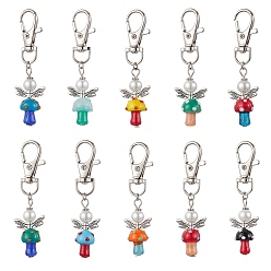 Античный Серебристый & Платиновый 10 шт. грибной ангел стеклянный жемчуг и подвесные украшения лэмпворк, сплав поворотные застежки-лобстеры подвески для украшения сумки рюкзака, старинное серебро и платина, 72~73 мм