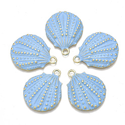 Light Blue Spray Painted Alloy Pendants, Scallop, Light Gold, Light Blue, 30x24x5mm, Hole: 2.5mm