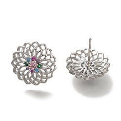 Платинированный Серьги-гвоздики из латуни с микропаве из кубического циркония для женщин, цветок, Реальная платина, 14 мм