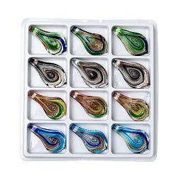 Mixed Color Handmade Silver Foil Lampwork Big Pendants, with Gold Sand, teardrop, Mixed Color, 61x35x13mm, Hole: 7mm, 12pcs/box