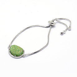 Светло-зеленый (продажа фабрики ювелирных изделий) латунные кубические циркониевые браслеты боло, слайдерные браслеты, с естественными и гальванизированными веселыми агатовыми кабошонами, платина, светло-зеленый, 9-1/2 дюйм (240 мм)