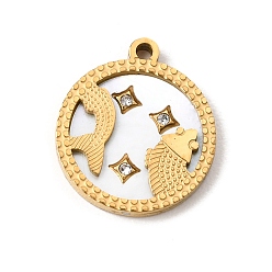 Pisces 12 Constellations 304 Stainless Steel & Natural Shell & Rhinestone Pendants, Ion Plating(IP), Long-Lasting Plated, Pisces Charm, 17x15x2mm, Hole: 1.5mm