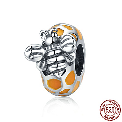 Antique Silver 925 Sterling Silver European Beads, with Enamel, Large Hole Beads, Flat Round with Bee, Antique Silver, 10x8mm, Hole: 4.2~4.5mm