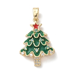 Рождественская елка Рождественские латунные подвески с микропаве из фианита, с эмалью, золотые, рождественская елка, 23x16x5 мм, отверстие : 5x3 мм