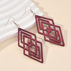 Dark Red Hollow Iron Wood Dangle Earrings for Women, Rhombus, Golden, Dark Red, 90x35mm