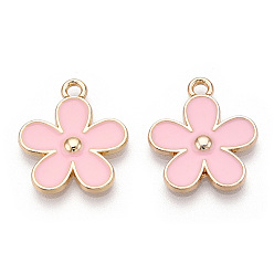Pink Alloy Enamel Pendants, Cadmium Free & Lead Free, Light Gold, Flower, Pink, 20x17x2mm, Hole: 2mm