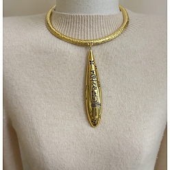 Antique Golden Vintage Alloy Engraved Textured Teardrop Pendant Choker Necklaces for Women, Antique Golden, 11.81~15.75 inch(30~40cm)