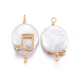 Transparent Natürliche Perlenverbinder, mit Messing Zirkonia Zubehör, Nuggets mit Musiknote, golden, Transparent, 21~30x12~16x6~9 mm, Bohrung: 1.6 mm
