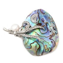 Platinum Oval Natural Paua Shell Brooches, with Brass Pin & Pearl, Platinum, 39x46x11mm