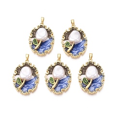 Васильковый Латунь эмаль подвески, овальные и цветочные подвески, с ABS имитации жемчуга, реальный 18 k позолоченный, васильковый, 30.5x22x9 мм, отверстие : 4~5x2.5 мм