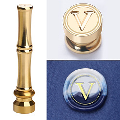 Letter V Golden Tone Brass Wax Seal Stamp Head with Bamboo Stick Shaped Handle, for Greeting Card Making, Letter V, 74.5x15mm