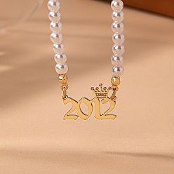 Number Женские ожерелья из круглого белого бисера с имитацией жемчуга и подвеской в виде короны в виде года рождения, золотые, число 2012, 14.96 дюйм (38 см)