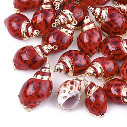 Red Spray Paint & Electroplate Spiral Shell Pendants, with Iron Findings, Light Gold, Red, 28~38x15~22x13~20mm, Hole: 2mm