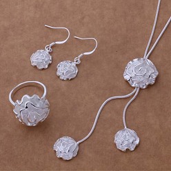 Цветок Латунное ожерелье с подвеской, серьга-гвоздик и кольцо, 925 серебро покрытием, цветок, 450мм и 30x13мм и 18мм