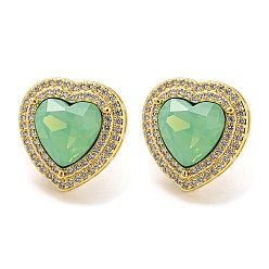 Зеленый лайм Серьги-гвоздики в форме сердца из кубического циркония, серьги из латуни с покрытием из настоящего золота 18k, долговечный, без кадмия и без свинца, зеленый лайм, 16.5x16 мм
