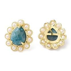 Apatite Ion Plating(IP) Natural Apatite Teardrop Stud Earrings with Plastic Pearl Beaded, Real 14K Gold Plated Brass Jewelry, 17.5x16mm