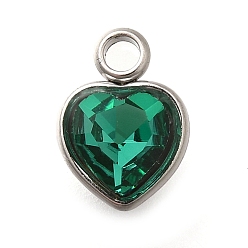 Изумруд 304 из нержавеющей стали с горный хрусталь подвески, сердце, изумруд, 9.5x6.5x4.5 мм, отверстие : 1.6 мм