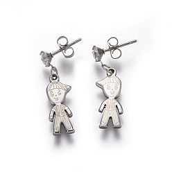 Couleur Acier Inoxydable (vente d'usine de fêtes de bijoux)304 boucles d'oreilles pendantes en acier inoxydable, avec noix et zircone, garçon, couleur inox, 28mm, pin: 0.8 mm