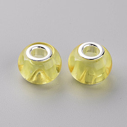 Yellow Glass European Beads, Large Hole Beads, with Silver Tone Brass Double Cores, Rondelle, Yellow, 14.5x11.5mm, Hole: 5mm