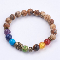 Пейзажный Джаспер Чакра ювелирные изделия, естественного изображения яшма стрейч браслеты, с бусинами сплава, сумки мешковины, античная бронза, Будда и цветок, 2 дюйм (52 мм)