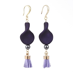 DarkBlue Rubberized Style Acrylic Dangle Earrings, with Brass Suede Cord Tassel Pendants, Non-Magnetic Synthetic Hematite Round Beads and Brass Earring Hooks, Twist, DarkSlate Blue, 71mm, Pin: 0.8mm