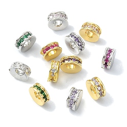 Mixed Color Rack Plating Brass Pave Cubic Zirconia Beads, Long-Lasting Plated, Lead Free & Cadmium Free, Real 18K Gold Plated, Flat Round, Mixed Color, 6x2.7mm, Hole: 2.2mm