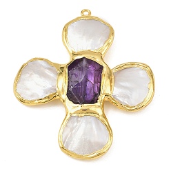Аметист Крупные подвески из натурального аметиста и ракушечного жемчуга, с латунной фурнитурой , крест прелести, граненые, золотые, 61.5~62.5x53~53.5x8.5 мм, отверстие : 2.4 мм