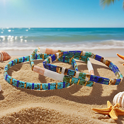 (52) Непрозрачная лаванда 3Штуки летних пляжных браслетов из стеклянного бисера, эластичные, для женщин, прямоугольные, разноцветные, 6.30 дюйм (16 см) ~ 6.50 дюйм (16.5 см)