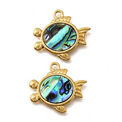 Fish 304 подвески из натуральной ракушки пауа из нержавеющей стали, прелести морских животных, золотые, ионное покрытие (ip), рыба, 23.5x26x2 мм, отверстие : 2.5 мм