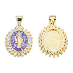 Medium Purple Brass Micro Pave Clear Cubic Zirconia Pendants, with Enamel and Shell, Golden, Nickel Free, Oval with Saint, Medium Purple, 19.5x14.5x4mm, Hole: 3x4mm