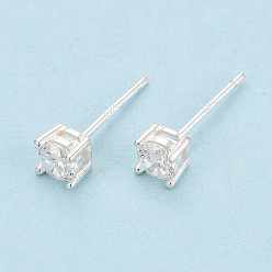Серебро 925 Серьги-гвоздики из стерлингового серебра с прозрачными кубическими циркониями, квадратный, с печатью 925, серебряные, 4x4 мм, штифты : 0.8 мм