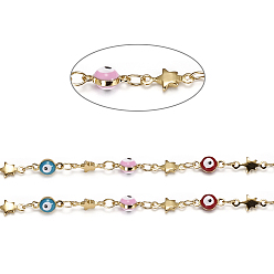 Real 18K Gold Plated Handmade Brass Beaded Chains, with Enamel and Spool, Soldered, Long-Lasting Plated, Evil Eyes & Star, Colorful, Real 18K Gold Plated, 9x4.5x4mm, 9.5x4.5x1.5mm, about 32.8 Feet(10m)/roll