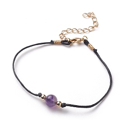 Аметист Природный аметист бисера браслеты, с вощеными хлопковыми шнурами, латунные круглые бусины и застежки в виде когтей лобстера, золотые, 7-5/8~7-7/8 дюйм (19.5~20 см)