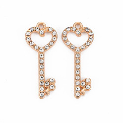 Light Gold Alloy Pendants, with Crystal Rhinestone, Key, Light Gold, 33x14x2mm, Hole: 1.8mm