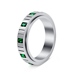 Stainless Steel Color 304 Stainless Steel Micro Pave Cubic Zirconia Rotating Finger Rings, Rectangle, Fidget Spinner Ring for Calming Worry Meditation, Stainless Steel Color, 17mm