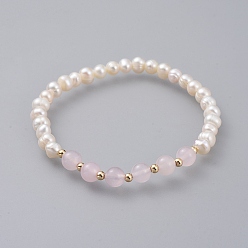 Розовый Кварц Стрейч браслеты, с натуральным пресноводным жемчужные бусины, бусы из натурального розового кварца и латунные бусины из настоящего золота 18 k, 2-1/4 дюйм (5.85 см)