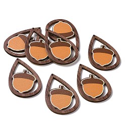 Acorn Autumn Theme Single Face Printed Aspen Wood Big Pendants, Teardrop Charm, Acorn Pattern, 54.5x34x2.5mm, Hole: 1.6mm