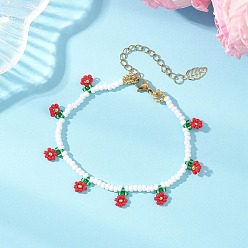 Красный Браслеты с подвесками из стеклянного бисера в виде цветочных мотивов для женщин, с 304 из нержавеющей стали Lobster Claw застежками, красные, 7.20 дюйм (18.3 см)