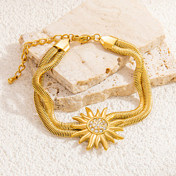 Золотой Подсолнух 304 многослойные браслеты из нержавеющей стали, браслеты из змеиной цепи для женщин, со стразами, золотые, 6-7/8 дюйм (17.5 см)