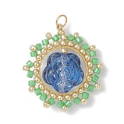 Королевский синий Подвески-цветы из стеклянных бус, со стеклом и 304 кольцом для прыжков из нержавеющей стали, реальный 18 k позолоченный, королевский синий, 25.5x23.5x8 мм, отверстие : 2.5 мм