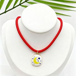 Луна Ожерелья с подвесками из латуни и эмали для женщин, с красным нейлоновым шнуром, золотые, луна, 15.75 дюйм (40 см)