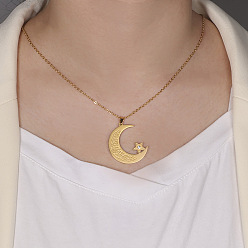 Golden 304 Stainless Steel Crystal Rhinestone Moon with Star Pendant Necklaces for Women, Golden, 17.72 inch(45cm), Pendant: 32x29mm