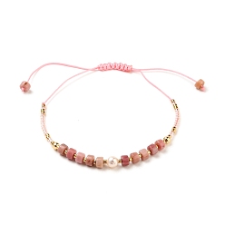 Rhodonite Adjustable Nylon Thread Braided Bead Bracelets, with Column Natural Rhodonite Beads, Natural Pearl Beads, Glass Beads and Brass Beads, Inner Diameter: 1-1/2~3 inch(3.8~7.6cm)