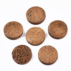 Chocolate Painted Natural Wood Beads, Laser Engraved Pattern, Flat Round with Leopard Print, Chocolate, 20x5mm, Hole: 1.5mm