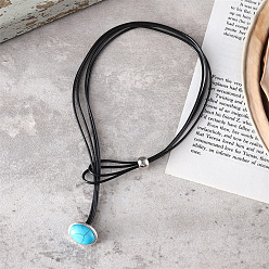 Черный Овальный сплав и синтетическая бирюза подвеска искусственный кожаный шнур двухслойные лариаты ожерелья, чёрные, 30.71 дюйм (78 см)