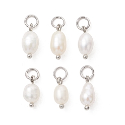 Нержавеющая Сталь Цвет Подвески из натурального пресноводного жемчуга, подвески из риса с 304 соединительными кольцами из нержавеющей стали, белые, цвет нержавеющей стали, 11.5~13x5~6 мм, отверстие : 3.3 мм